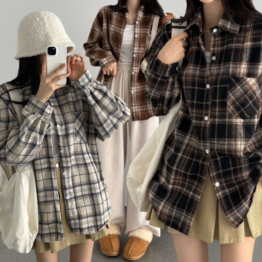 여성 겨울 체크 남방 셔츠 고방체크 루즈핏 남방 오버핏 빅사이즈 제품 이미지