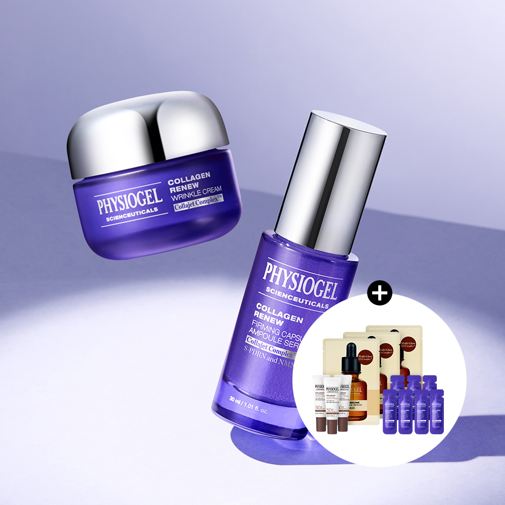 [탄력 기획]피지오겔 사이언수티컬즈 콜라겐 리뉴 퍼밍 캡슐 앰플세럼 30ml+링클 크림 50ml+(증정)콜라겐앰플1mlx7개+마스크3장+선세럼5mlx3 - 상품 이미지