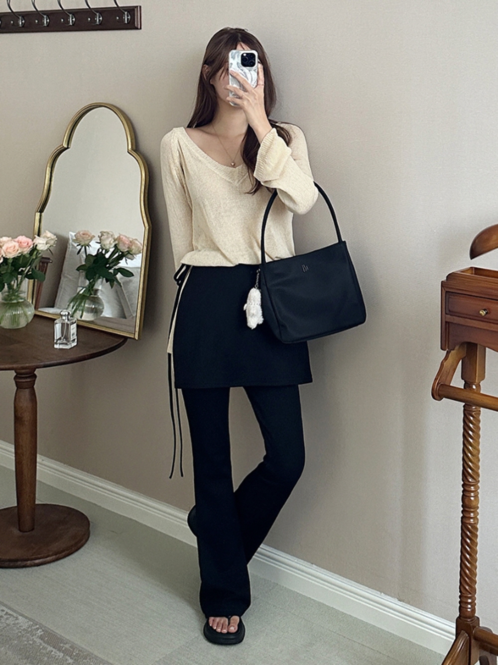 나팔바지 여성 고무줄바지 부츠컷 밴딩 팬츠 레이어드스커트 세트 - 상세 이미지 3