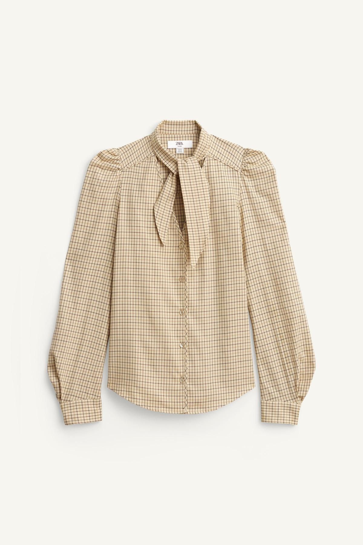 자라 한정판 체크 리본 타이 코튼 셔츠 3085/300 LIGHT BEIGE - 상품 이미지