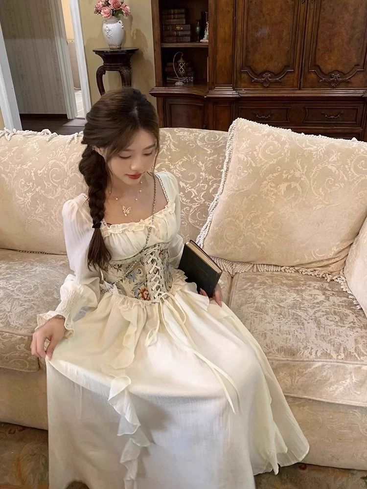 경성의복 프랑스풍 드레스 쉬폰원피스 복고 중세 햅번 스냅 촬영용 긴팔 졸업사진 살구색 드레스 S - 상세 이미지 4