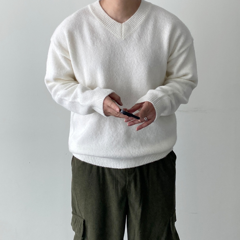 겨울 남자브이넥니트 오버핏 무지 가을 두꺼운스웨터 - 상품 이미지