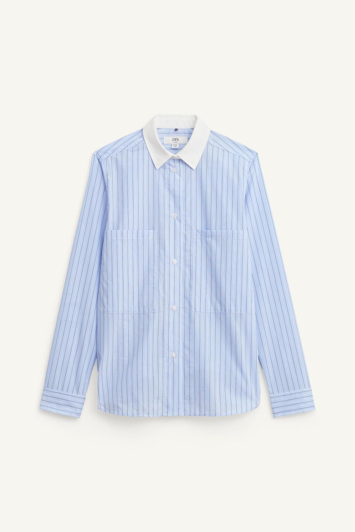 자라 한정판 스트라이프 배색 카라 긴팔 셔츠 7627/700 BLUE - 메인 이미지