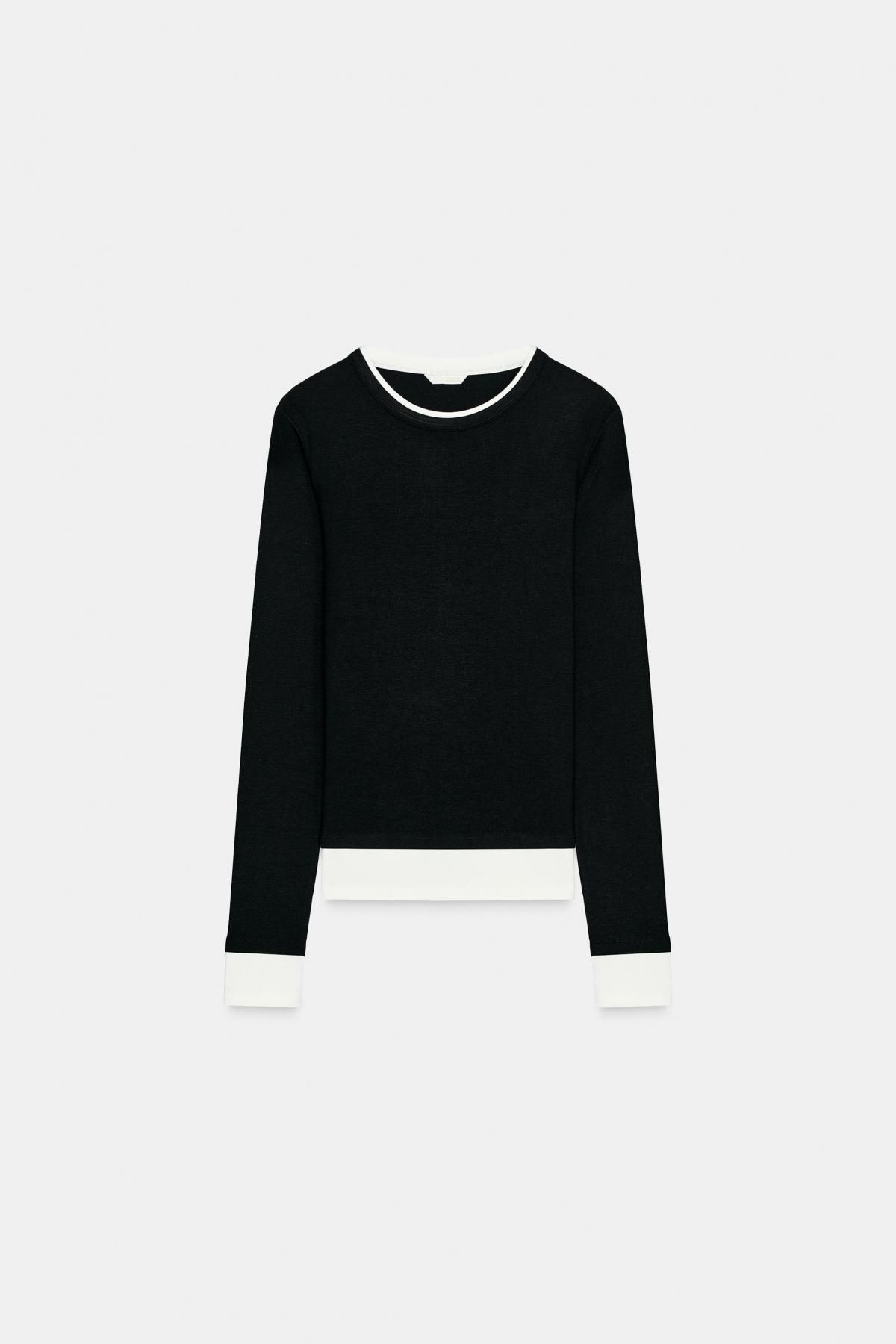 자라 슬림핏 배색 라운드넥 테크니컬 긴팔 티셔츠 3641/628 BLACK - 상품 이미지
