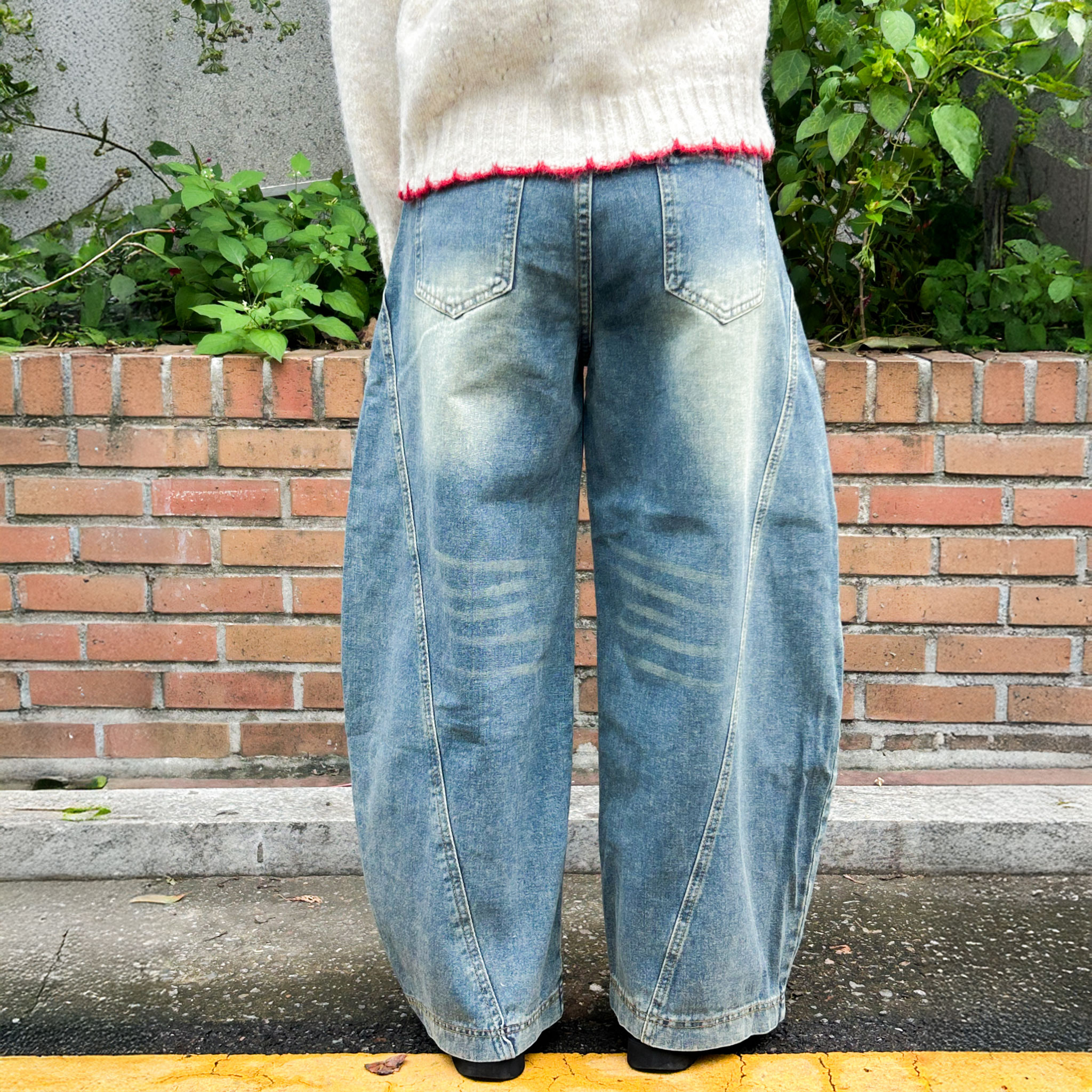 지뉴 벌룬데님 와이드팬츠 | 베이직 데일리 커브드 와이드 벌룬핏 청바지 빈티지 배기 오버핏 - 상세 이미지 3