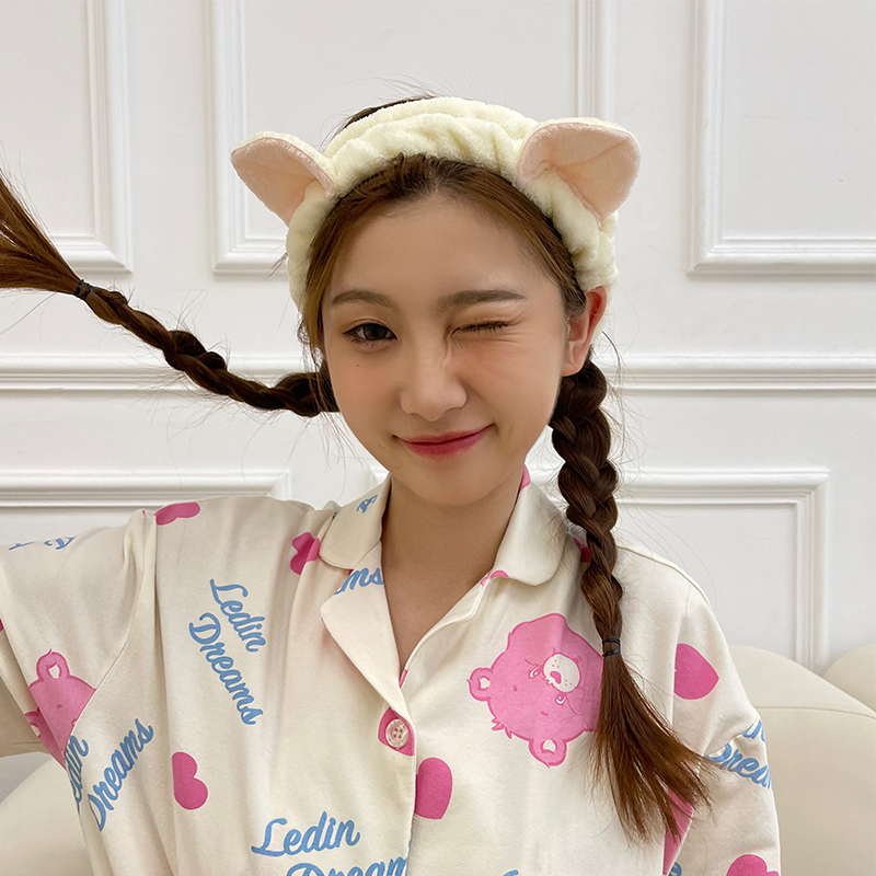 세안용 머리띠 여성 심플 고양이 귀 머리띠 플러시 메이크업 마스크 머리띠 헤어 액세서리 베이지 캣 이어 - 상세 이미지 4