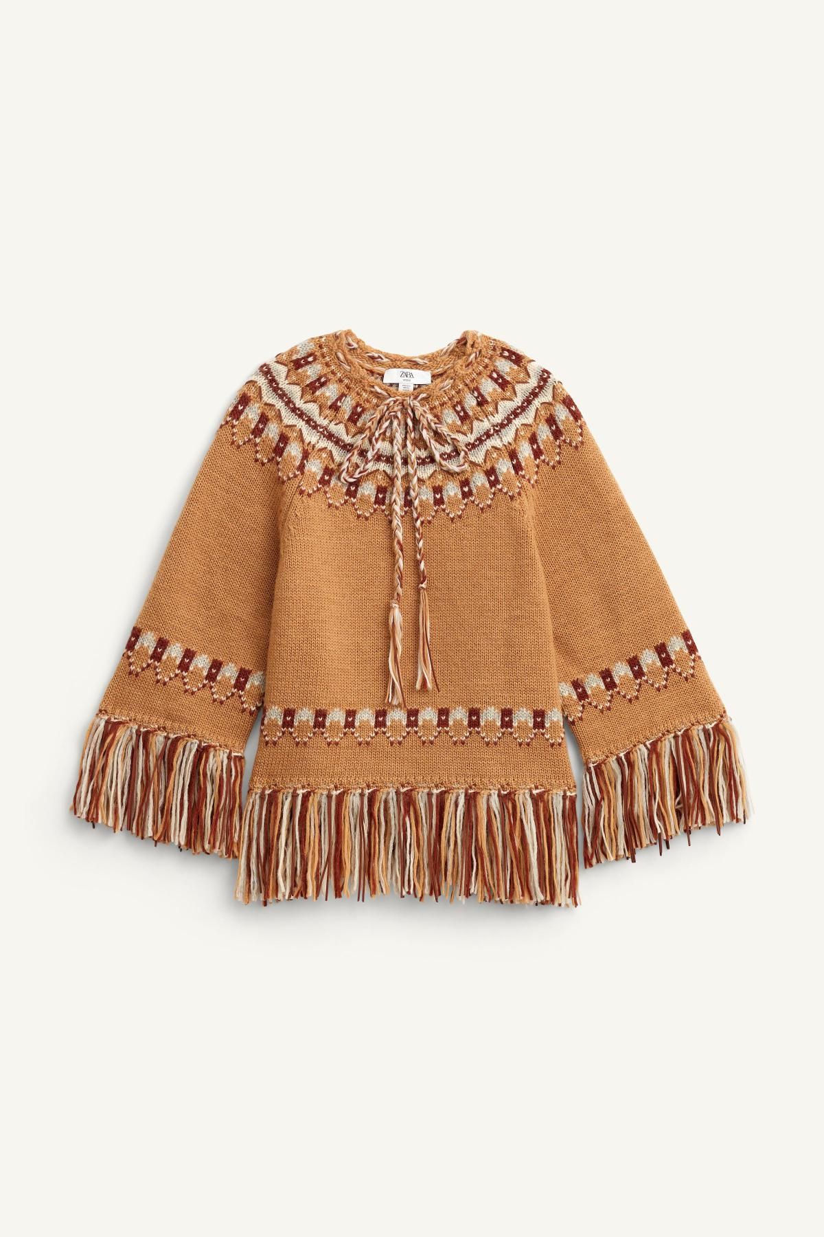 자라 프리미엄 울 자카드 니트 프린지 판초 3920/118 LIGHT CAMEL - 메인 이미지