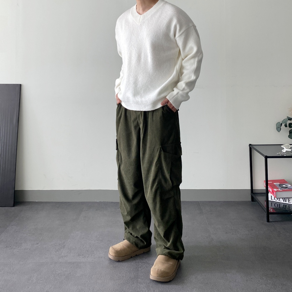 코듀로이 카고 건빵 파라슈트팬츠 밴딩 남자와이드바지 벌룬 편한 통바지 - 상세 이미지 4