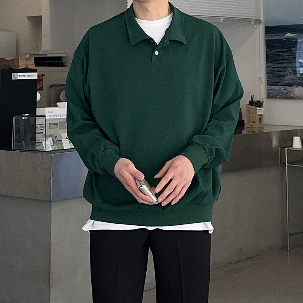 남자 기모맨투맨 오버핏 헨리넥 커플 남자 맨투맨 남성 카라티 - 상세 이미지 5