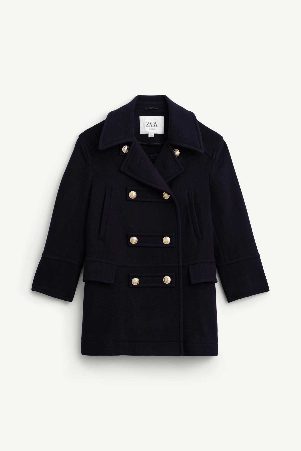 자라 테크니컬 울블렌드 더블브레스트 롱코트 3811/400 NAVY BLUE - 메인 이미지