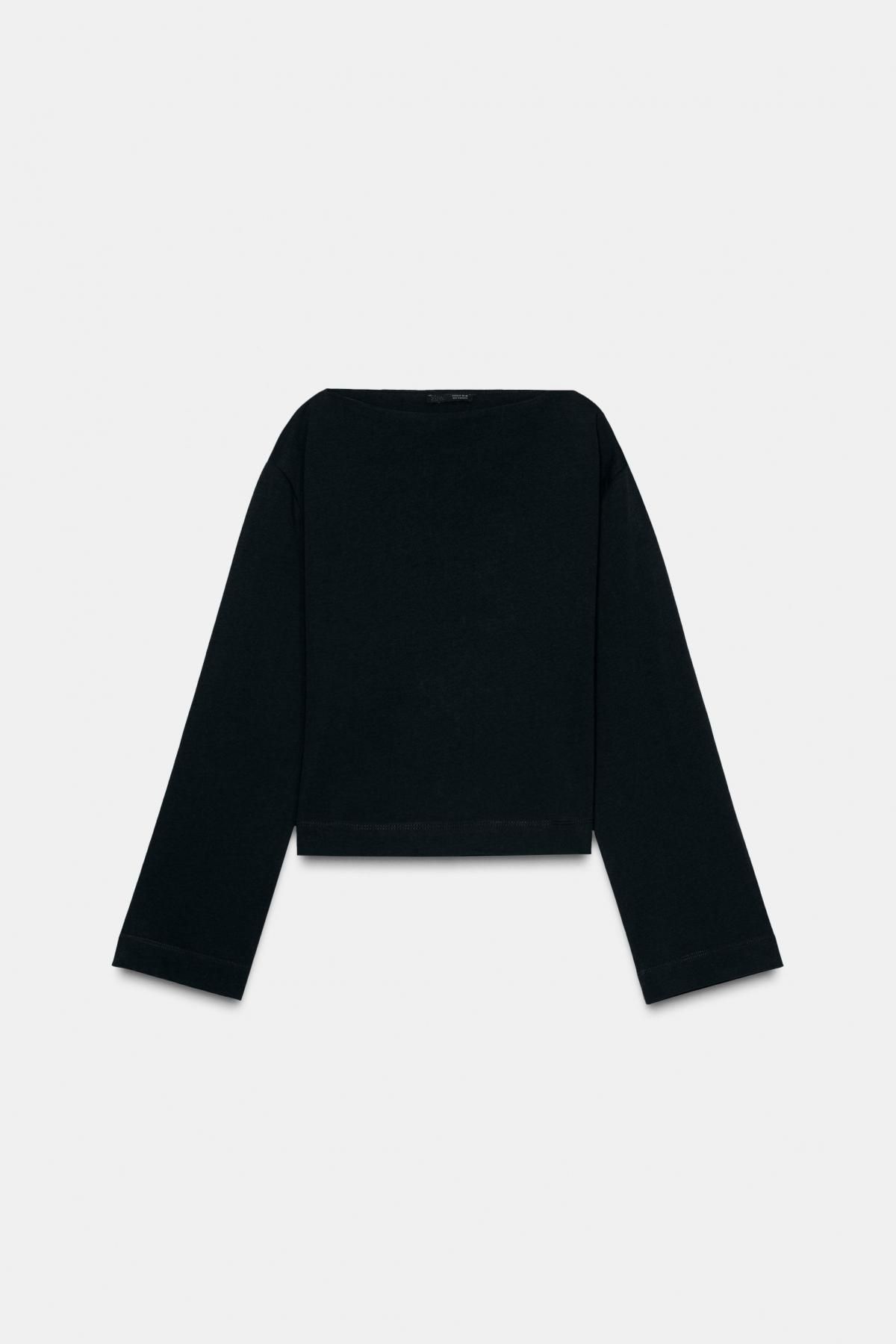 자라 미니멀 보트넥 긴팔 티셔츠 코튼 블랙 0264/456 DARK ANTHRACITE - 메인 이미지