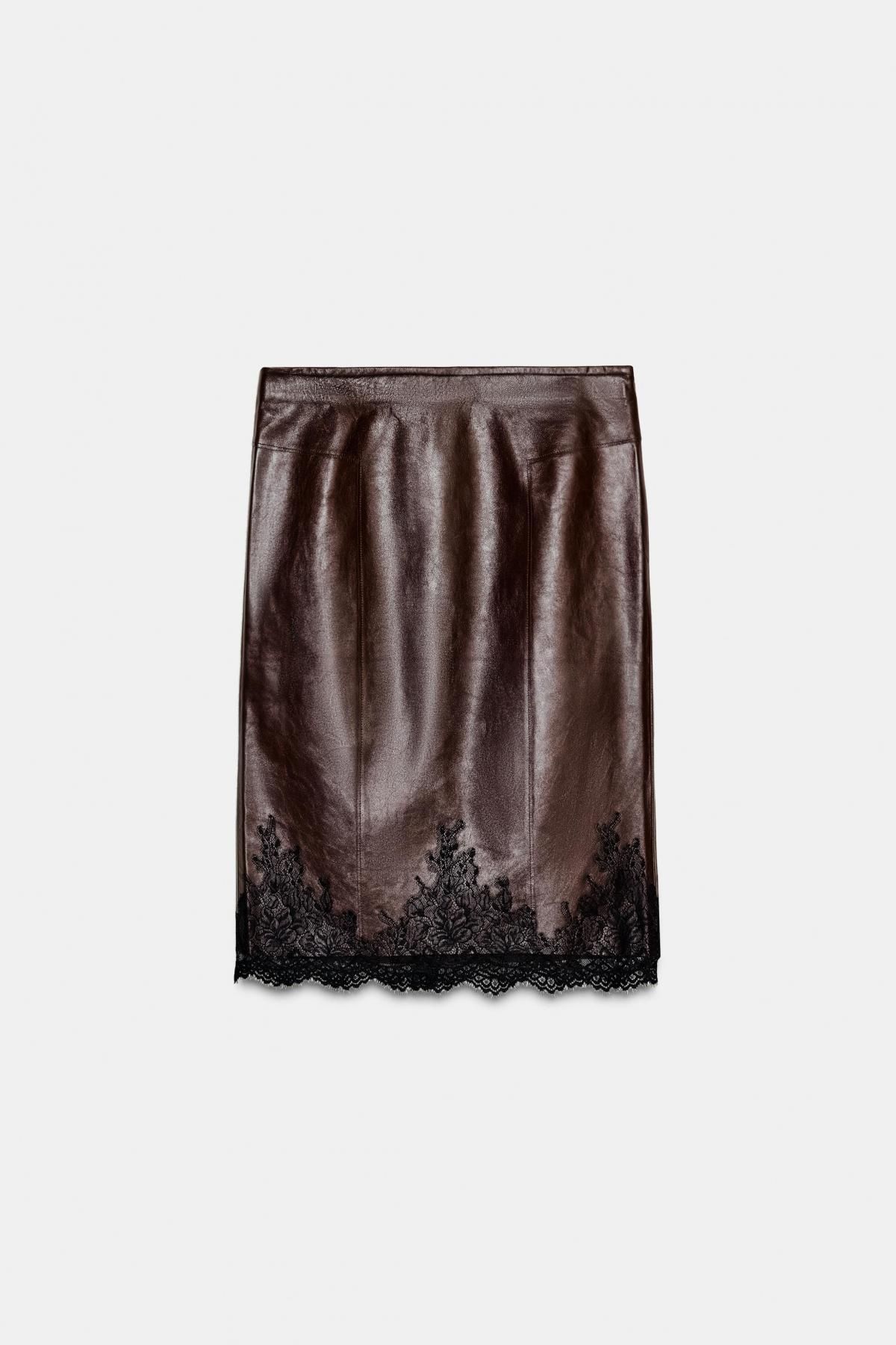 자라 한정판 프리미엄 레더 레이스 미디 스커트 1758/106 BROWN - 메인 이미지