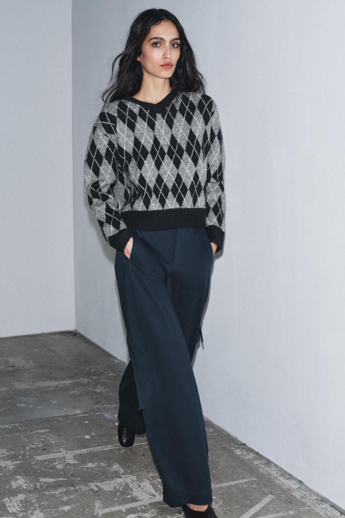 자라 아가일 브이넥 니트 다이아몬드 패턴 긴팔 스웨터 2142/227 GREY / BLUE - 상세 이미지 3