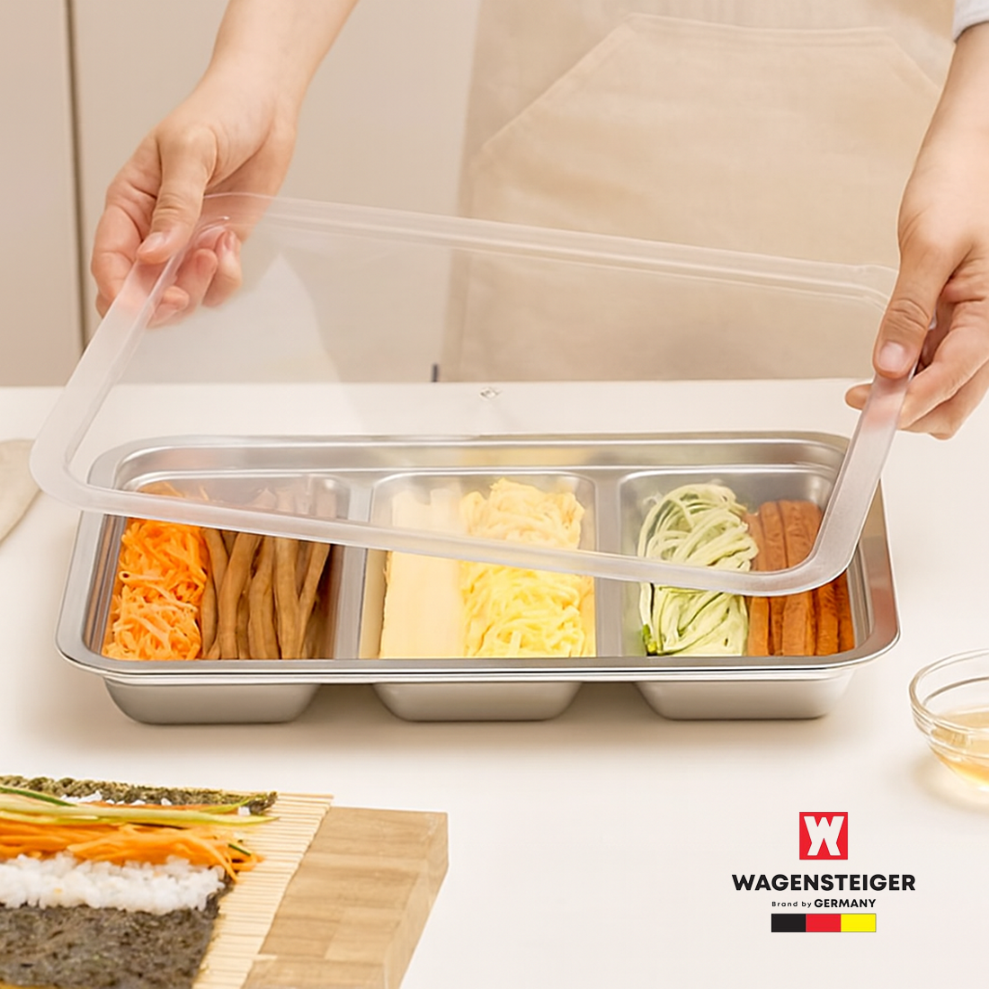 무연마 스텐 바트 3칸 나눔 스탠 밧드 김밥재료보관용기 바겐슈타이거 트레이 - 메인 이미지