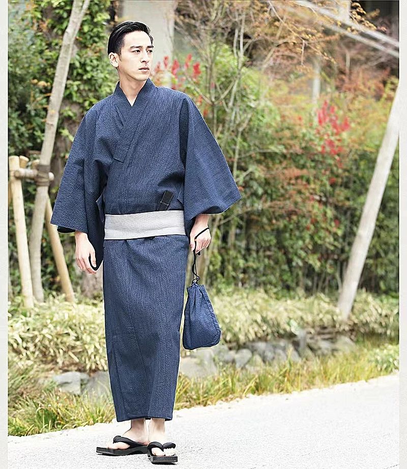 남성 일본 유카타 가운 기모노 오버핏 전통 하오리 잠옷 전통의상 두루미 린넨 재킷 블루 4 키 178cm 이상 - 상세 이미지 3