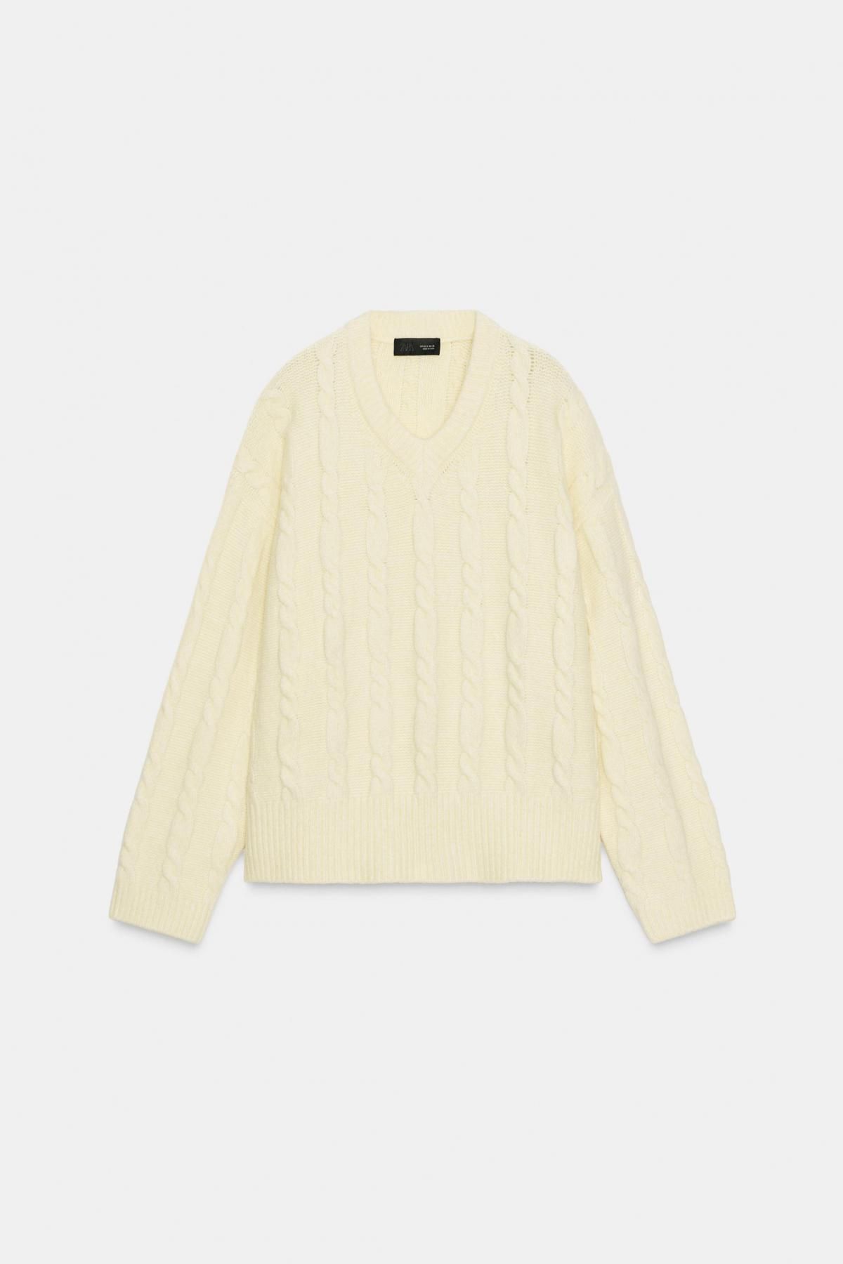 자라 소프트 케이블 브이넥 니트 스웨터 아이보리 2142/164 LIGHT YELLOW - 상품 이미지