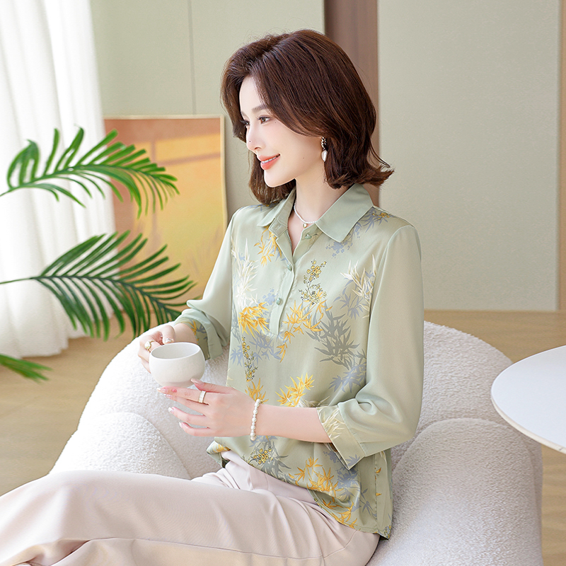 여성티셔츠 루즈핏 카라넥 심플한 어머니 7부 상의 티셔츠 상견례 모임룩 그린 상의 XL 45~52.5kg - 상세 이미지 4