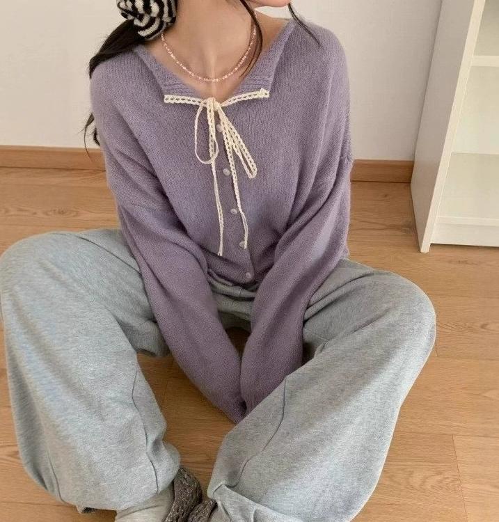 보송포근 골지 여성니트가디건 레이스테이프 리본 파스텔컬러 가을겨울 따뜻한가디건 - 상세 이미지 3