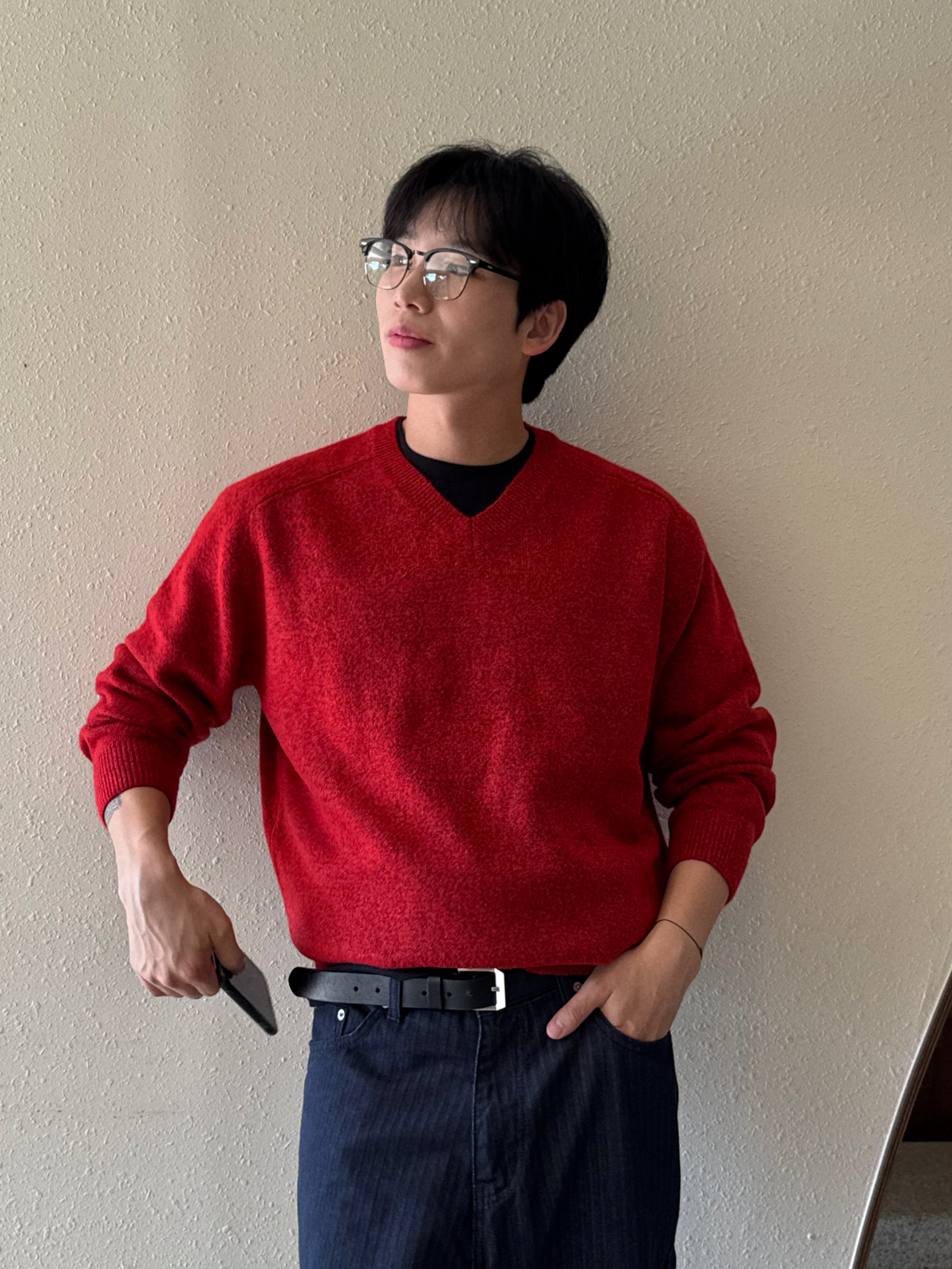 프리미엄 소프트 루즈핏 브이넥 니트 / 봄 가을 겨울 블랙 레드 스웨터 - 상세 이미지 2