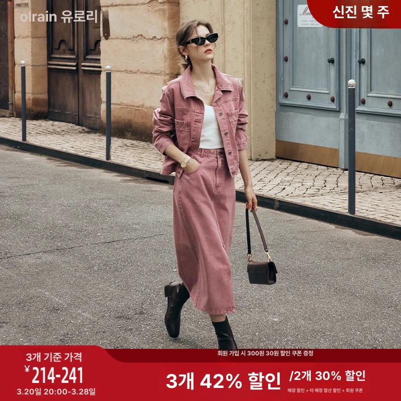 패션 데님셋업 핑크 셋업 진청 청청셋업 청청세트 청자켓 유니크 반바지 워싱 스커트투피스 핑크 숏 재킷 155 80 - 상세 이미지 2