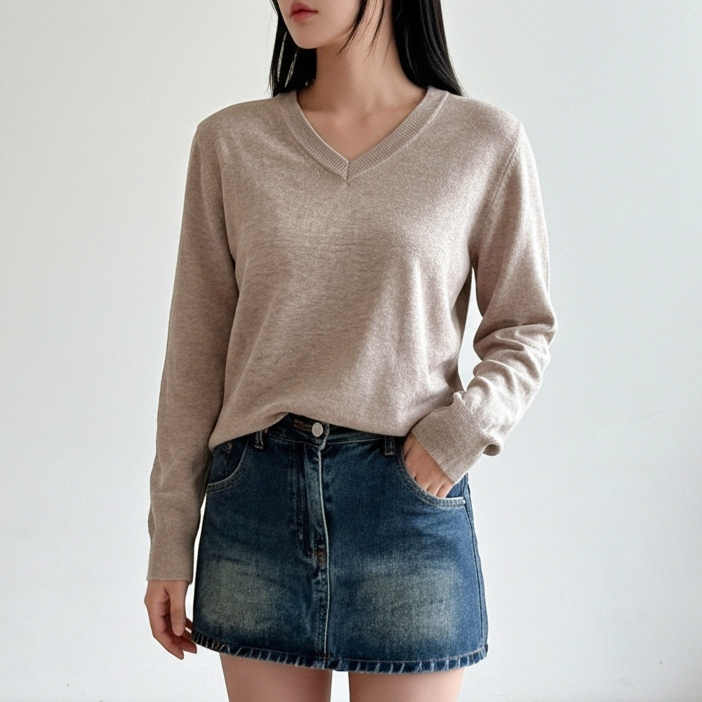 여성 브이넥니트 라운드 부드러운 루즈핏 울 단가라 니트티 가을 겨울 스웨터 - 상세 이미지 2