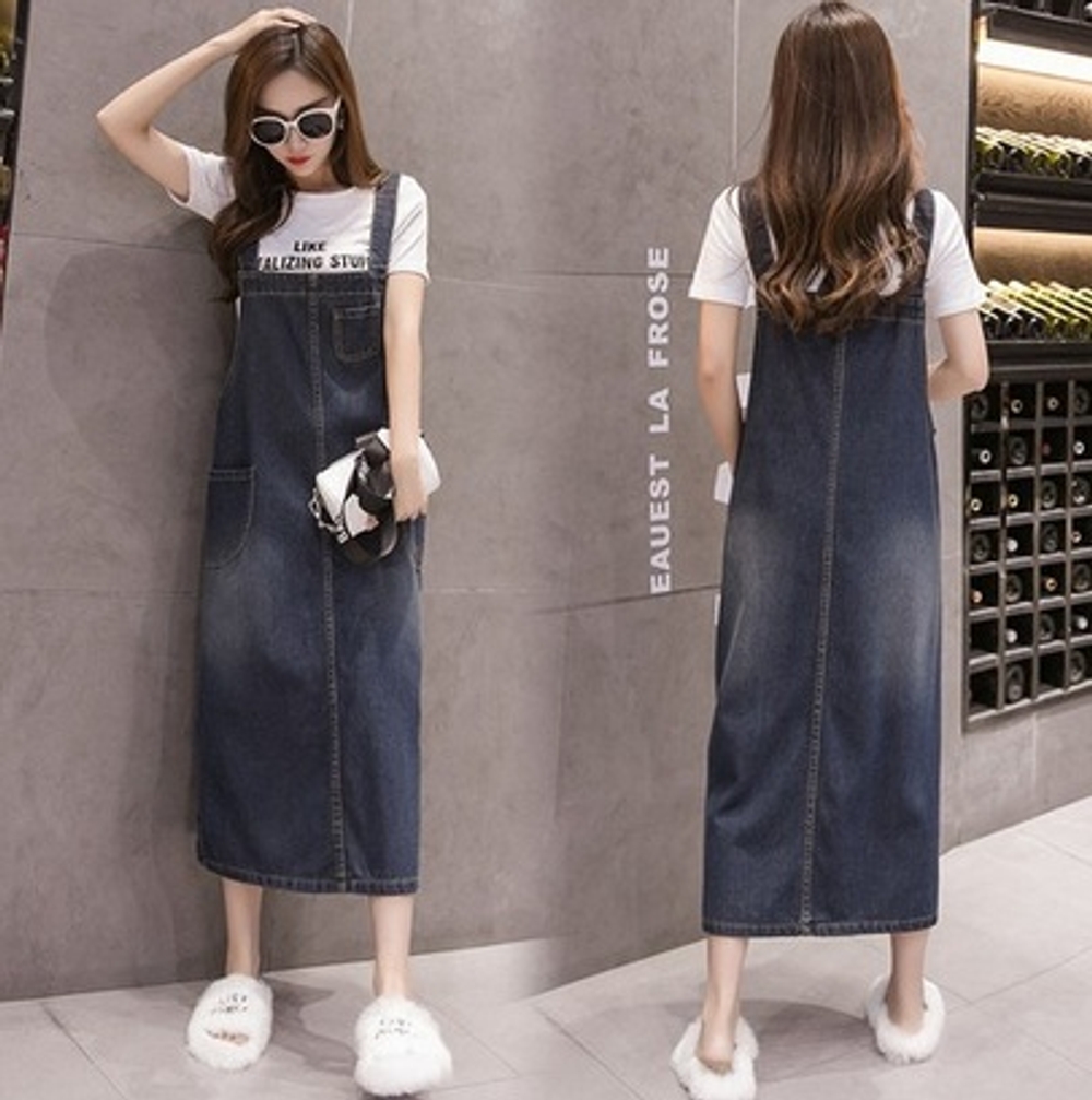 J2K 멜빵 치마 데님 원피스 여성용 롱스커트 데일리 데님 - 상세 이미지 2