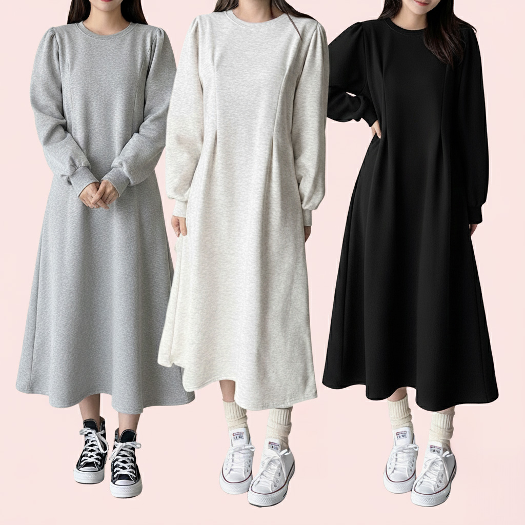 맨투맨롱원피스 허리셔링A라인 기모어깨퍼프롱원피스 맨투맨핀턱플레어 제품 이미지