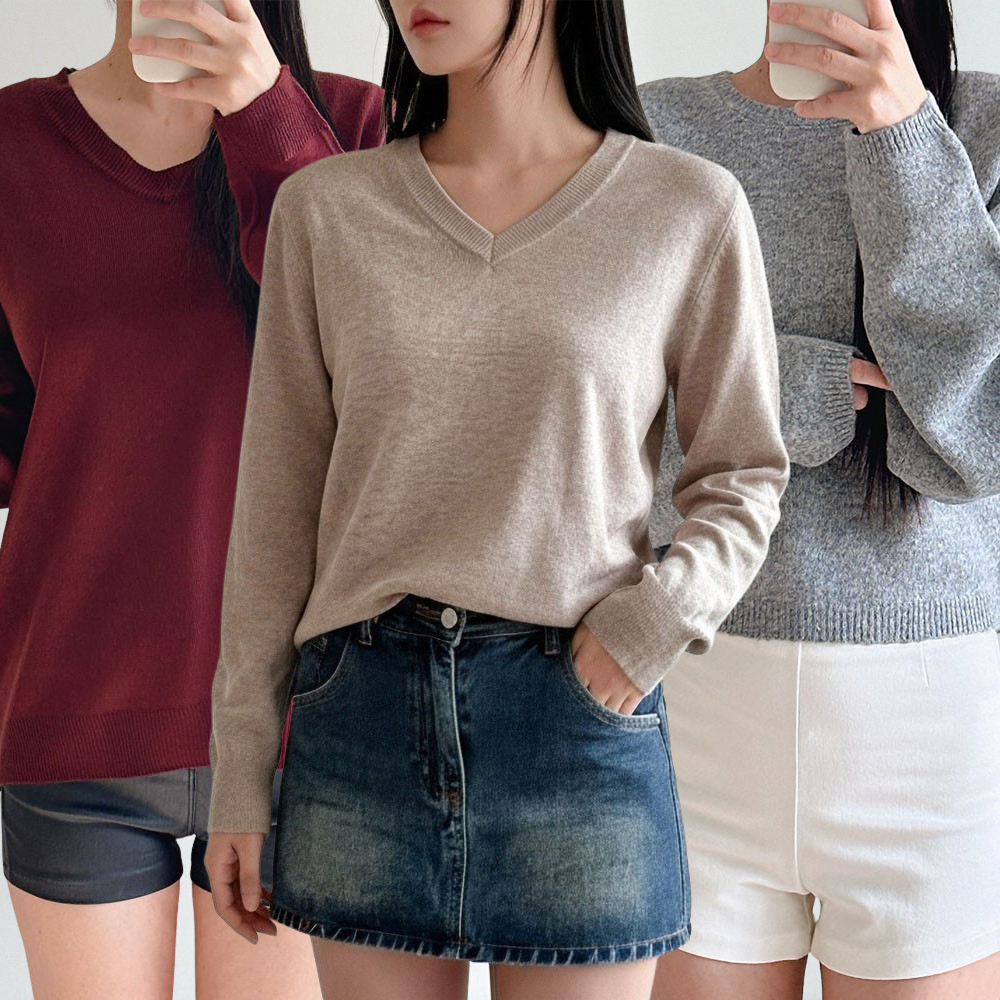 여성 브이넥니트 라운드 부드러운 루즈핏 울 단가라 니트티 가을 겨울 스웨터 - 상품 이미지