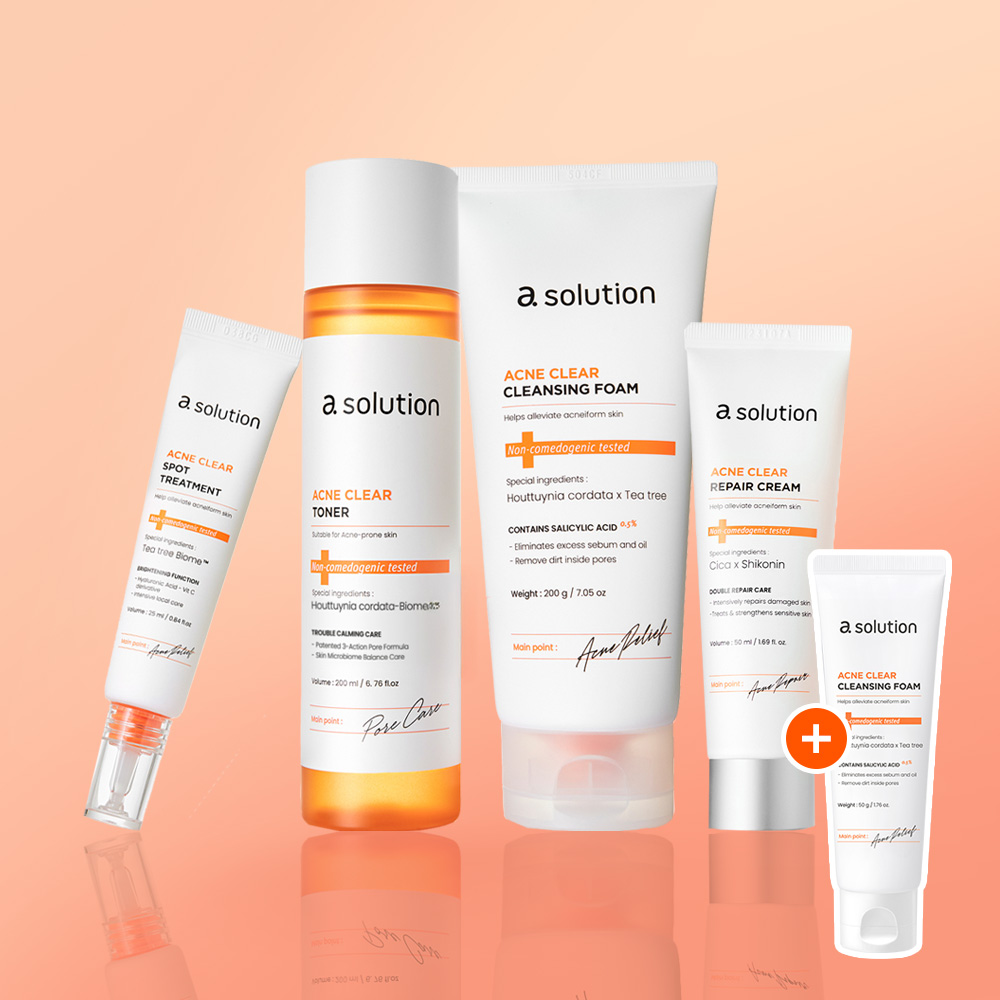 [슈퍼적립]에이솔루션 아크네 클리어 트러블 진정 4종 세트 (폼200g+토너200ml+크림50ml+스팟25ml)+폼50g, 쇼핑백 증정