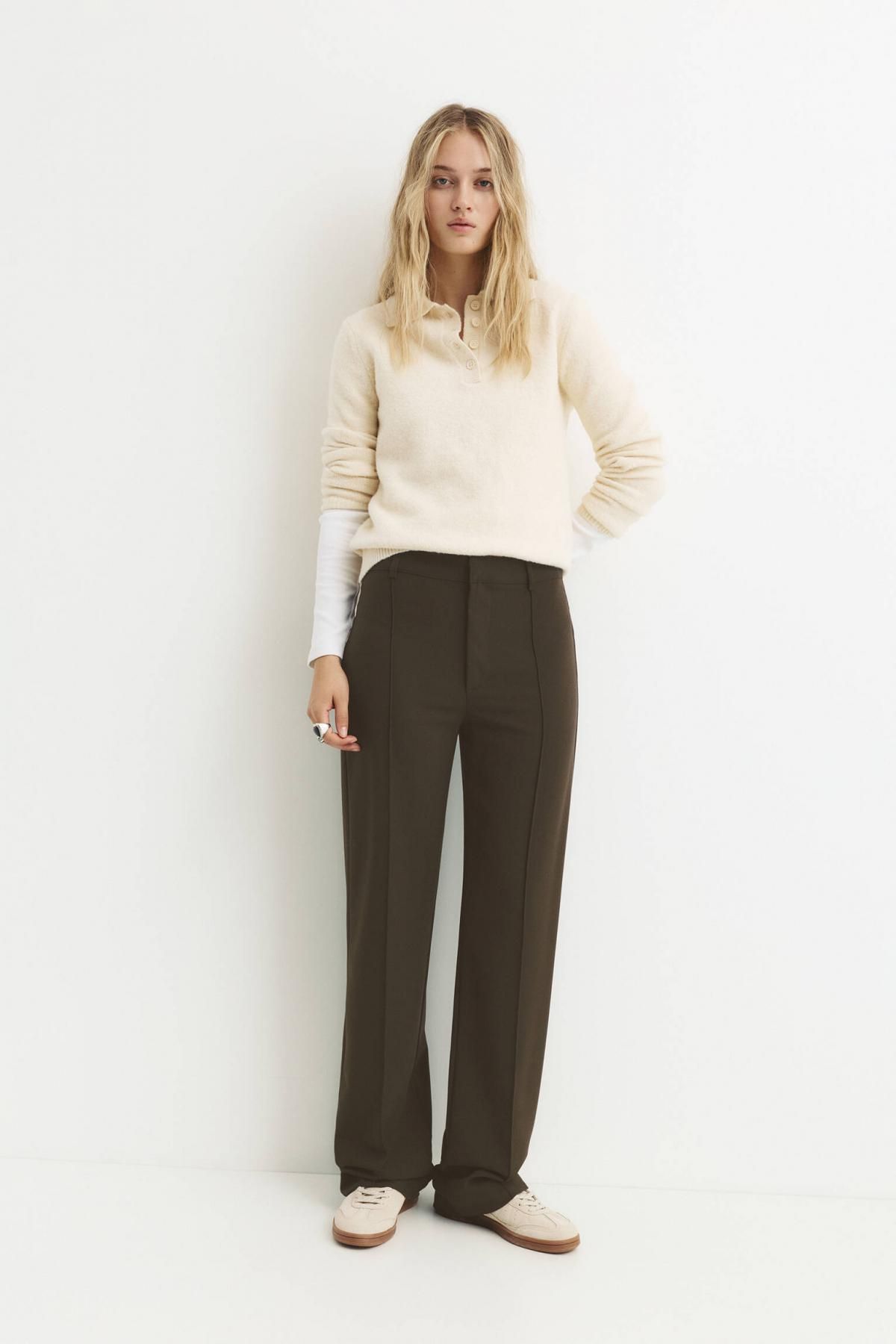 풀앤베어 하이웨이스트 심 디테일 세미 와이드 슬랙스 팬츠 7678/431 MEDIUM KHAKI - 상세 이미지 3