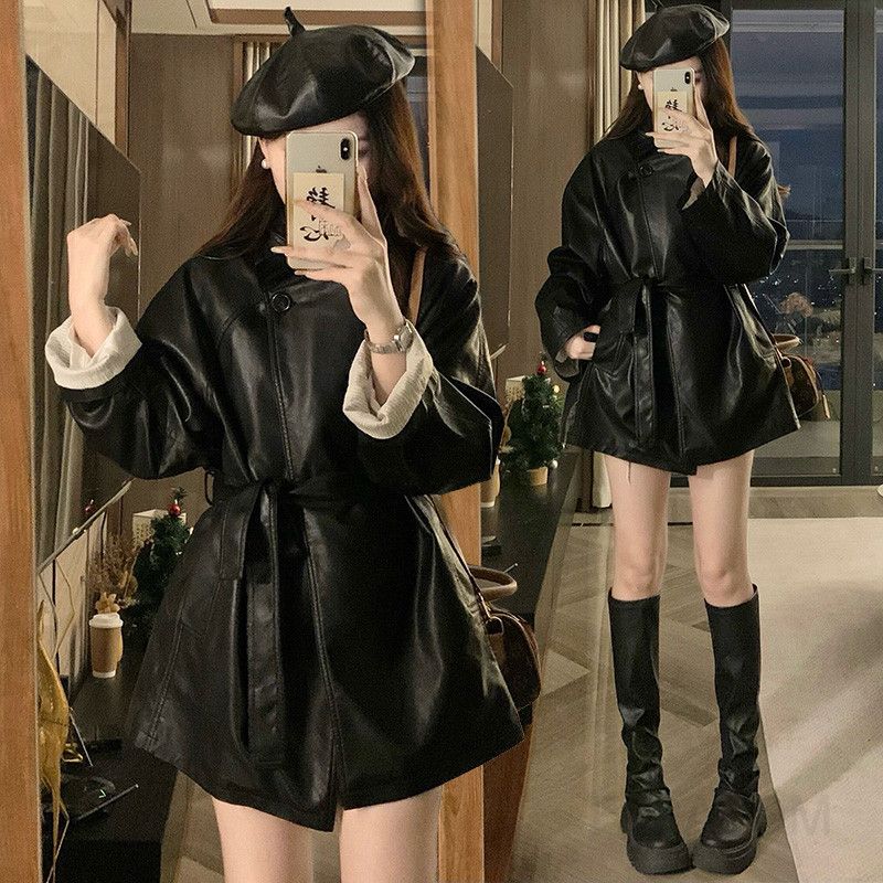 여성 빅사이즈 루즈핏 벨티드 레더자켓 숏 아우터 시크 모던 캐주얼 간절기 가을 데일리 오피스룩 가죽 - 메인 이미지