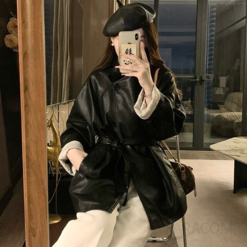 여성 빅사이즈 루즈핏 벨티드 레더자켓 숏 아우터 시크 모던 캐주얼 간절기 가을 데일리 오피스룩 가죽 - 상세 이미지 3