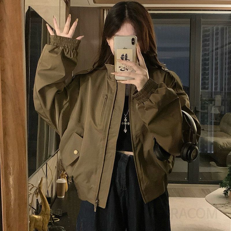 여성 빅사이즈 크롭 기장 카라 바람막이 자켓 루즈핏 숏점퍼 야상 아우터 간절기 데일리룩 캐주얼 여자 봄 가을 - 상세 이미지 4