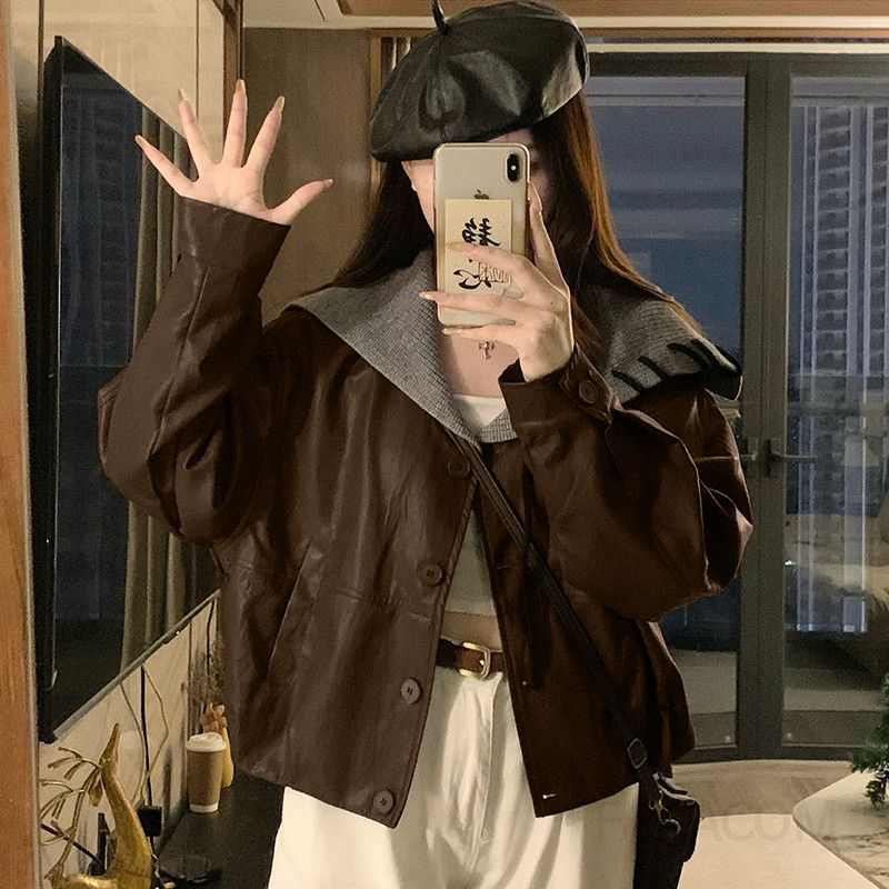 여성 빅사이즈 레트로 빈티지 배색 카라 크롭 후드 점퍼 자켓 가을 간절기 아우터 캐주얼룩 - 메인 이미지
