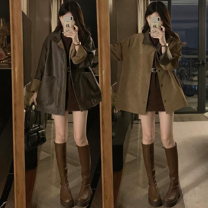 여성 빅사이즈 양면 리버시블 레더 자켓 루즈핏 오버핏 숏코트 투웨이 트렌치 캐주얼 데일리 아우터 봄 가을 - 상세 이미지 2
