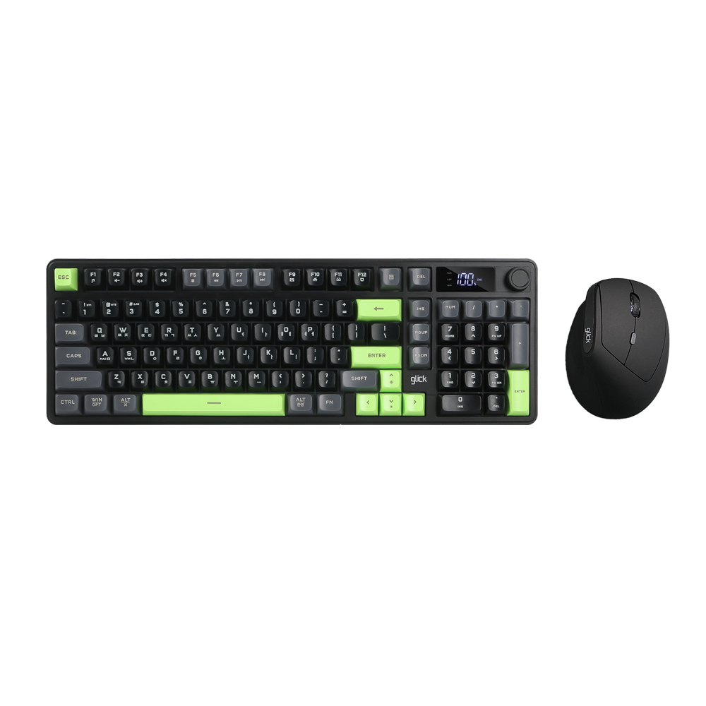 지클릭커 오피스프로 WMK600 사일런스 M RGB 풀윤활 무소음 방수 무선 블루투스 LCD 98 키보드 마우스 세트 Poker Green - 상품 이미지