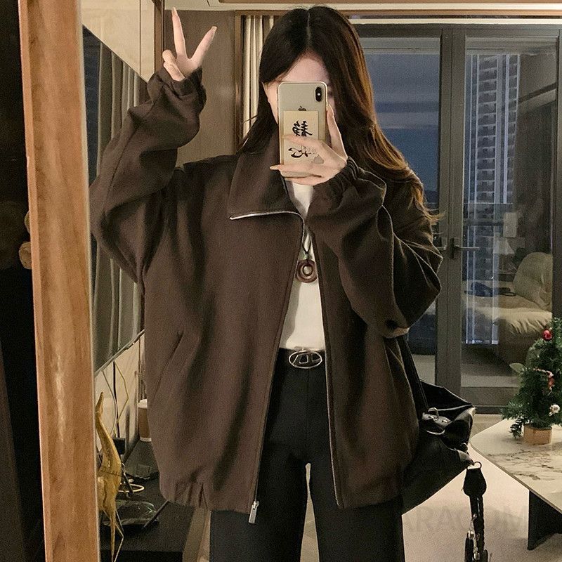여성 빅사이즈 루즈핏 카라넥 오버핏 집업 점퍼 자켓 아우터 메탈 지퍼 밑단 스트링 크롭 봄 가을 - 상세 이미지 2