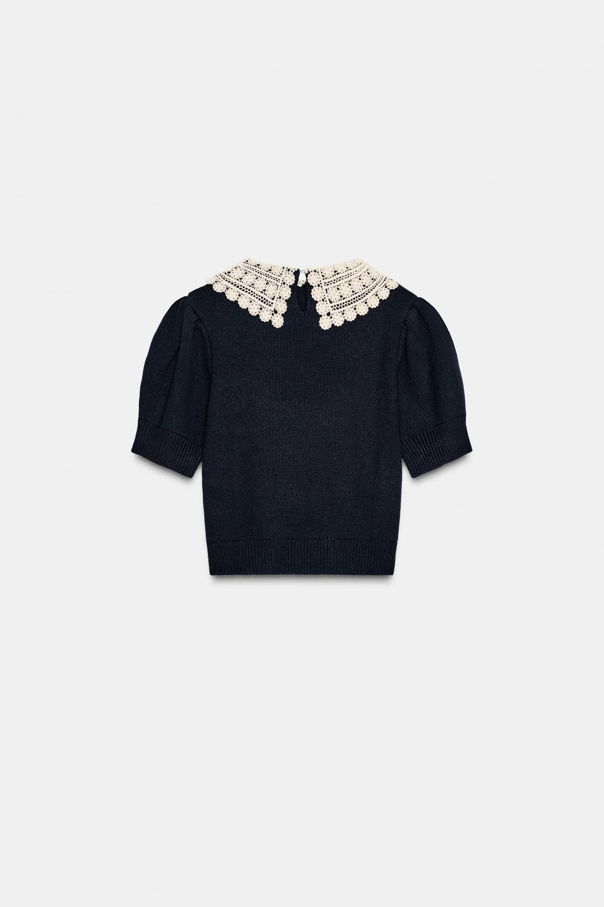 자라 크로셰 카라 라운드넥 반팔 니트 탑 2142/220 NAVY BLUE - 상세 이미지 2
