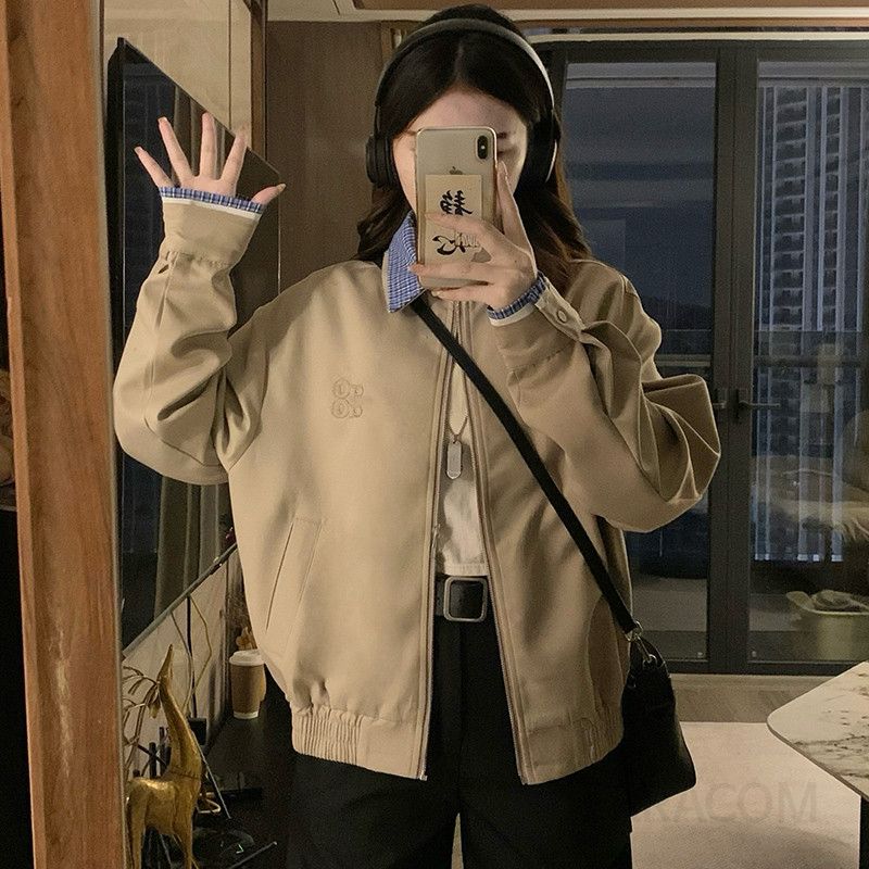 여성 빅사이즈 루즈핏 탈착 카라 숏기장 오버핏 캐주얼 바람막이 야구 블루종 점퍼 자켓 봄 가을 - 상세 이미지 4