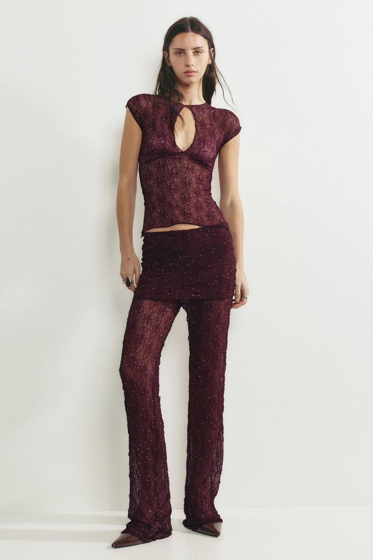 풀앤베어 글리터 레이스 턴업 플레어 팬츠 7675/412 BROWN - 상세 이미지 2