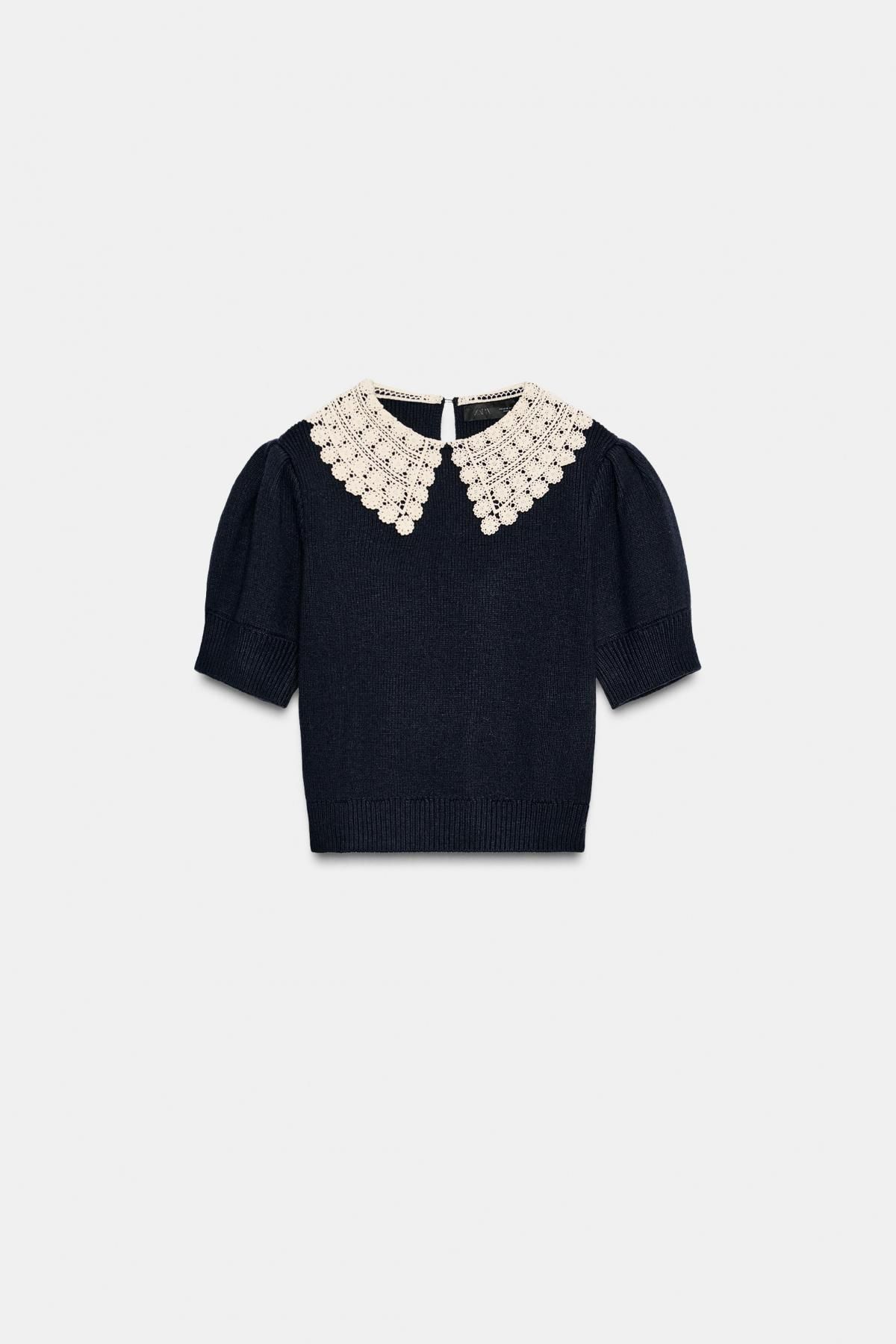 자라 크로셰 카라 라운드넥 반팔 니트 탑 2142/220 NAVY BLUE - 상품 이미지
