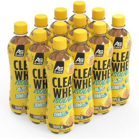 [해외]All Stars 올스타즈 클리어 헤이 아이솔레이트, 12 x 500ml, 바로 먹는 단백 음료, 유청 20g이 함유된 워터 단백, 유당 무함유 + 쉐이크 액상 트로피컬 [