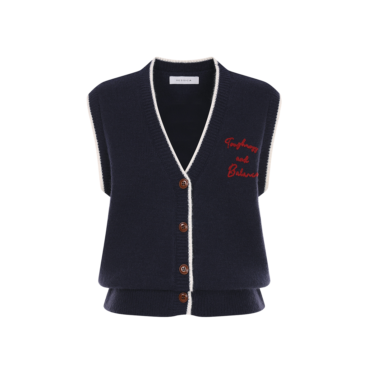예시카 라인 배색 레터링 자수 니트 베스트 YJAKV425 - 상세 이미지 3
