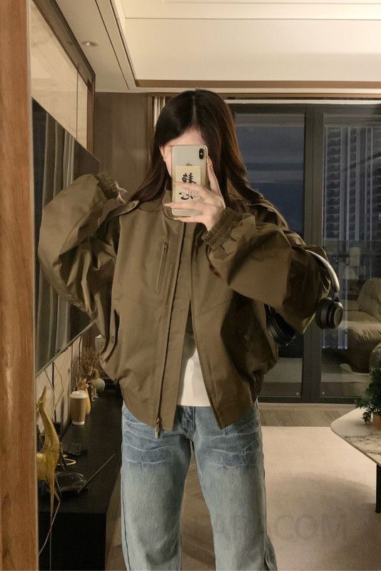 여성 빅사이즈 크롭 기장 카라 바람막이 자켓 루즈핏 숏점퍼 야상 아우터 간절기 데일리룩 캐주얼 여자 봄 가을 - 상세 이미지 5