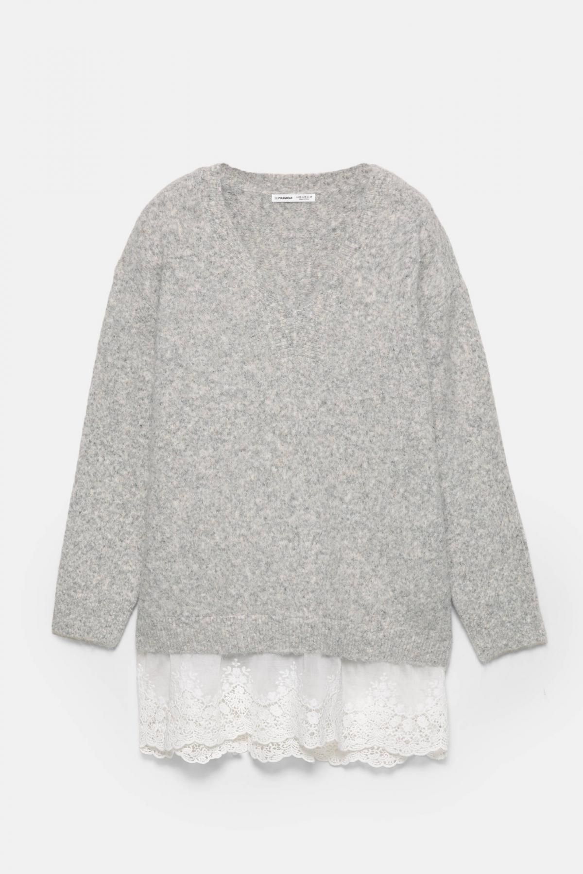 풀앤베어 레이스 배색 브이넥 울블렌드 니트 스웨터 7550/371 GREY MARL - 상품 이미지