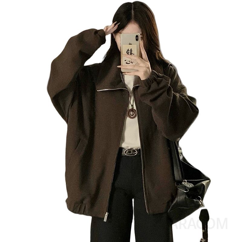 여성 빅사이즈 루즈핏 카라넥 오버핏 집업 점퍼 자켓 아우터 메탈 지퍼 밑단 스트링 크롭 봄 가을 - 상세 이미지 5