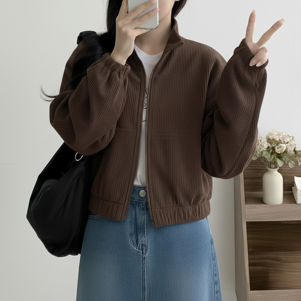 골덴투웨이집업점퍼 브라운코듀로이집업 세미크롭하이넥코듀로이 초코브라운점퍼 - 상세 이미지 3