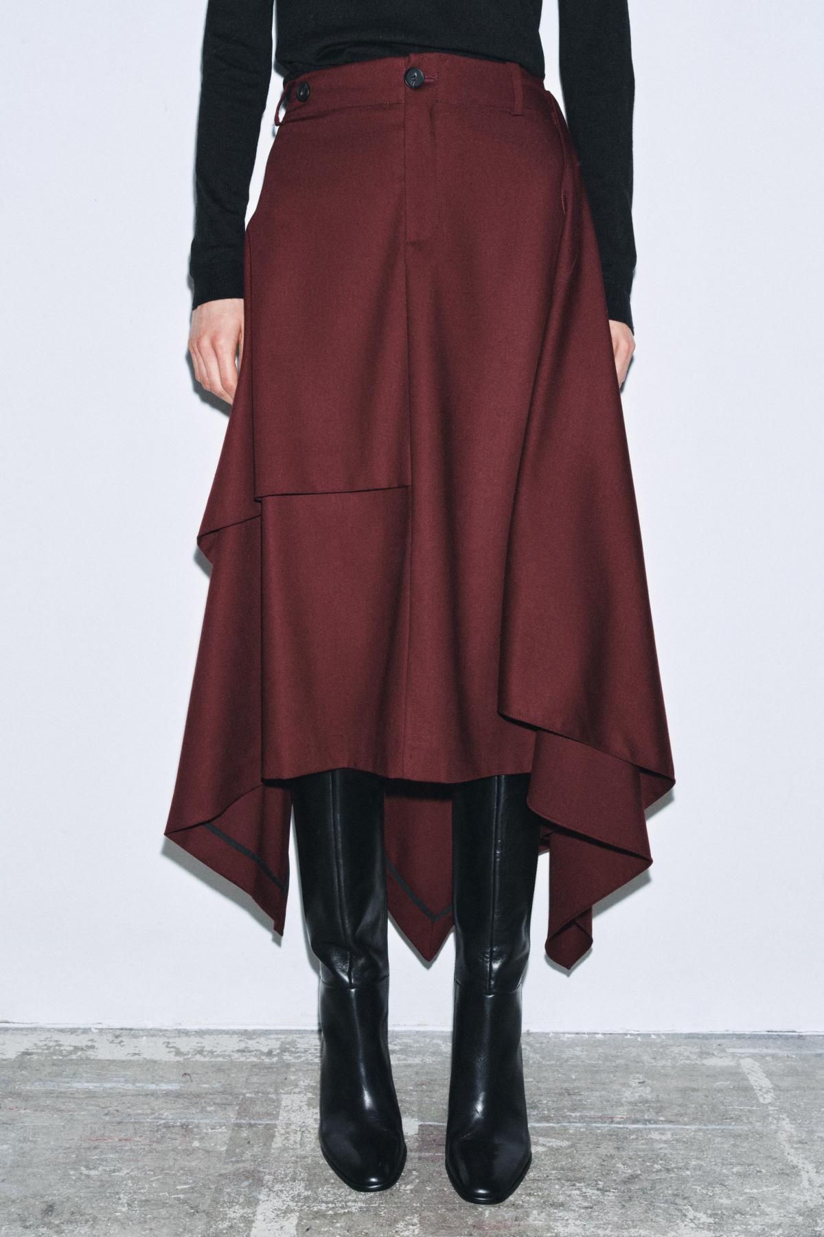 자라 프리미엄 비스코스 미디 언밸런스 스커트 버건디 9476/666 BURGUNDY - 상세 이미지 5