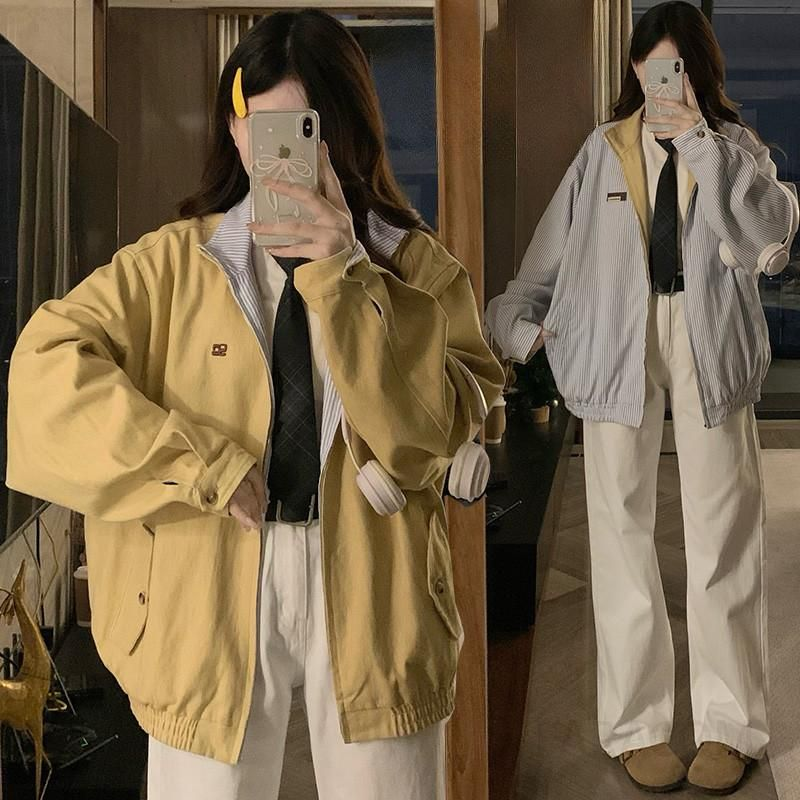 여성 양면 리버시블 오버핏 루즈핏 바람막이 숏점퍼 턴업 카라 집업 캐주얼 간절기 아우터 데일리룩 가을 - 메인 이미지