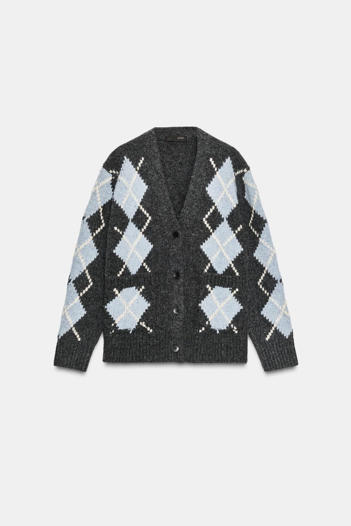 자라 아가일 패턴 브이넥 울 가디건 2893/139 GREY / BLUE - 메인 이미지